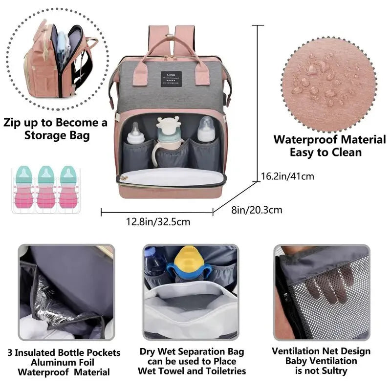 Mom/Dad USB Diaper Bag-Changing Pad Shade with Mosquito Net